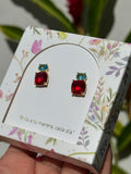 Aretes Esenciales con Cristal Rojo y Aguamarina
